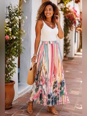 Multi-Color Pleated Floral Maxi Skirt - Women's